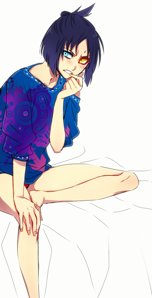 1girl, amiya, bleach, blue_eyes, blush, emilou_apacci, finger_to_mouth, heterochromia, looking_at_viewer, no_pants, panties, purple_hair, shirt, short_hair, sitting, solo, underwear, yellow_eyes