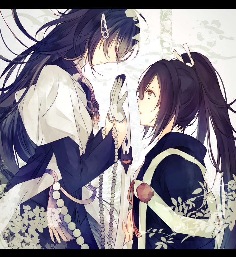 2boys, artist_request, blue_hair, cloak, closed_eyes, crossover, floral_print, from_side, head_down, holding, juzumaru_tsunetsugu, ken_ga_kimi, long_hair, long_sleeves, male_focus, multiple_boys, parted_lips, ponytail, profile, purple_hair, simple_background, suzukake_(ken_ga_kimi), touken_ranbu, upper_body, very_long_hair, white_background