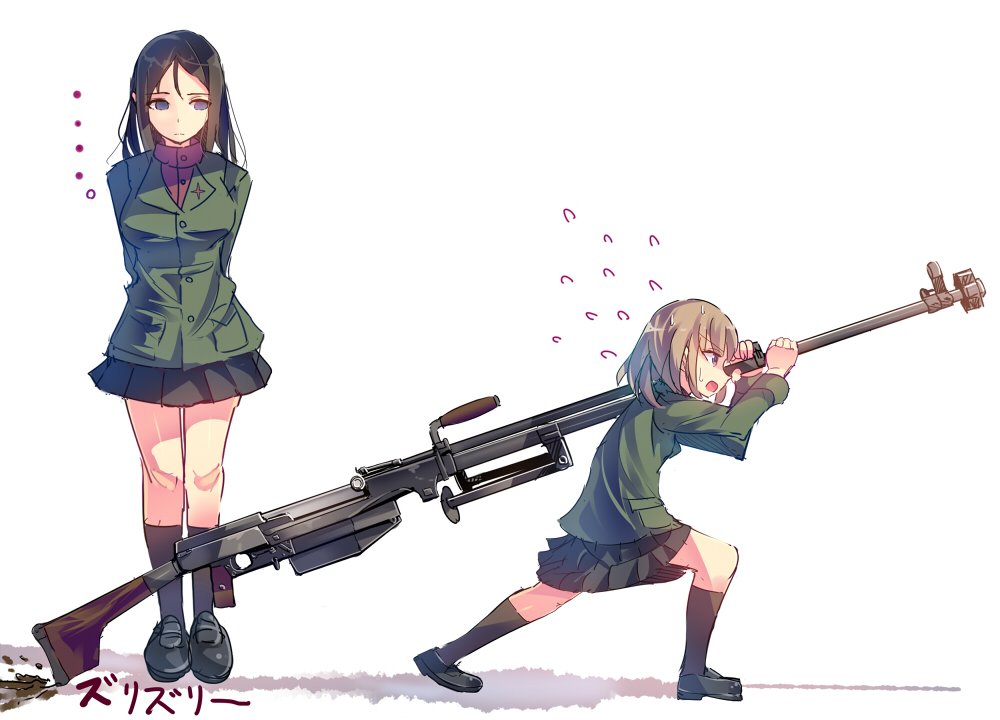 ..., 2girls, anti-materiel_rifle, arms_behind_back, bipod, black_legwear, black_skirt, blank_eyes, brown_hair, buttons, daito, dragging, flying_sweatdrops, from_side, girls_und_panzer, gun, huge_weapon, katyusha, kneehighs, long_hair, long_sleeves, military, military_uniform, multiple_girls, nonna, pleated_skirt, pocket, profile, ptrs-41, rifle, short_hair, simple_background, skirt, sniper_rifle, thigh_gap, tsurime, uniform, violet_eyes, walking, weapon, white_background