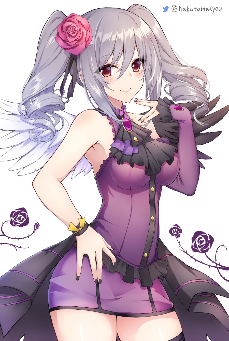 1girl, angel_wings, bare_shoulders, dress, drill_hair, flower, hair_flower, hair_ornament