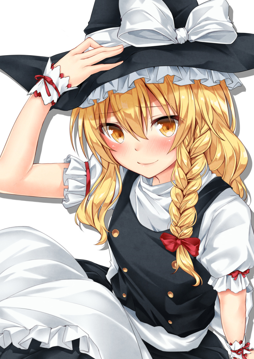 1girl, bangs, black_skirt, blonde_hair, blush, braid, hat, hat_ribbon