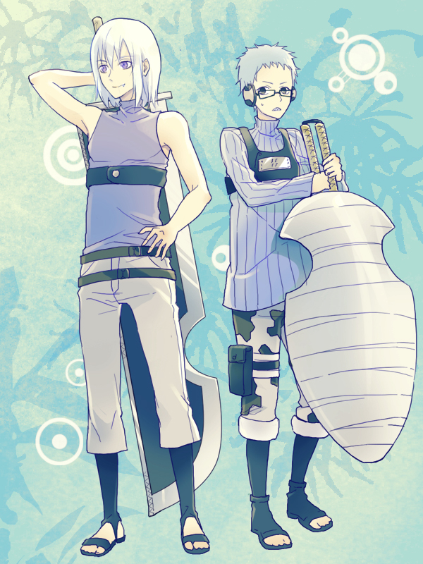 2boys, blue_hair, cavpas, choujuurou_(naruto), glasses, hoozuki_suigetsu, multiple_boys, naruto, naruto_shippuuden, sword, violet_eyes, weapon, white_hair