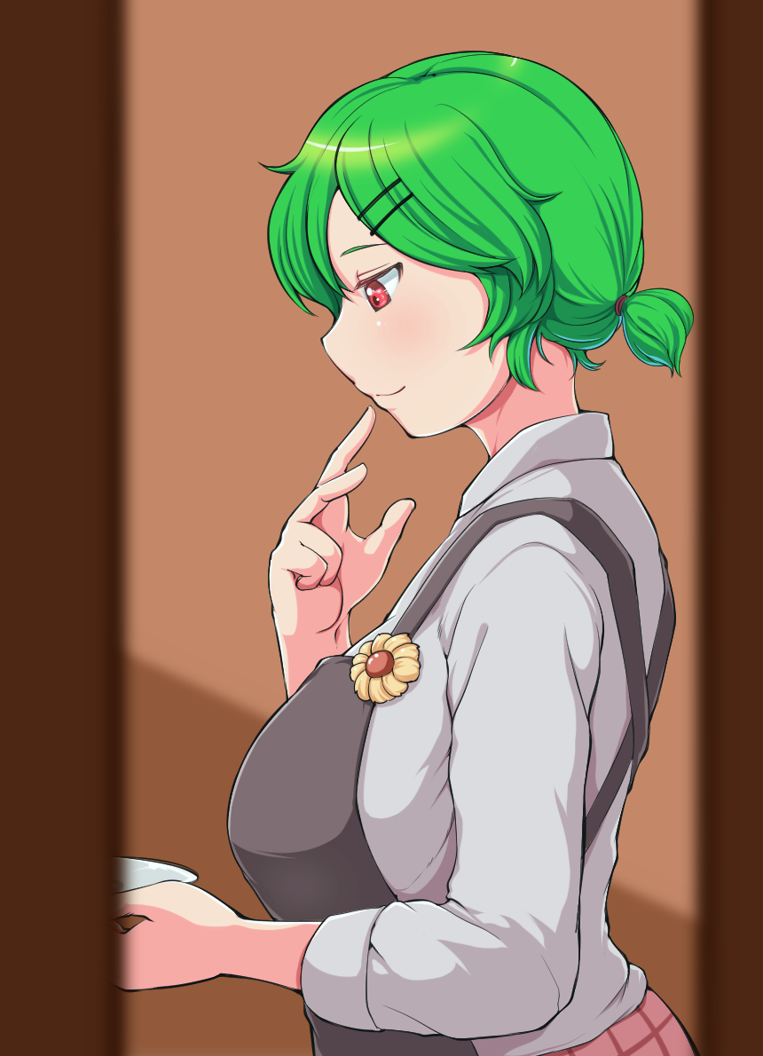 1girl, apron, blush, breasts, cooking, finger_to_mouth, from_side, green_hair