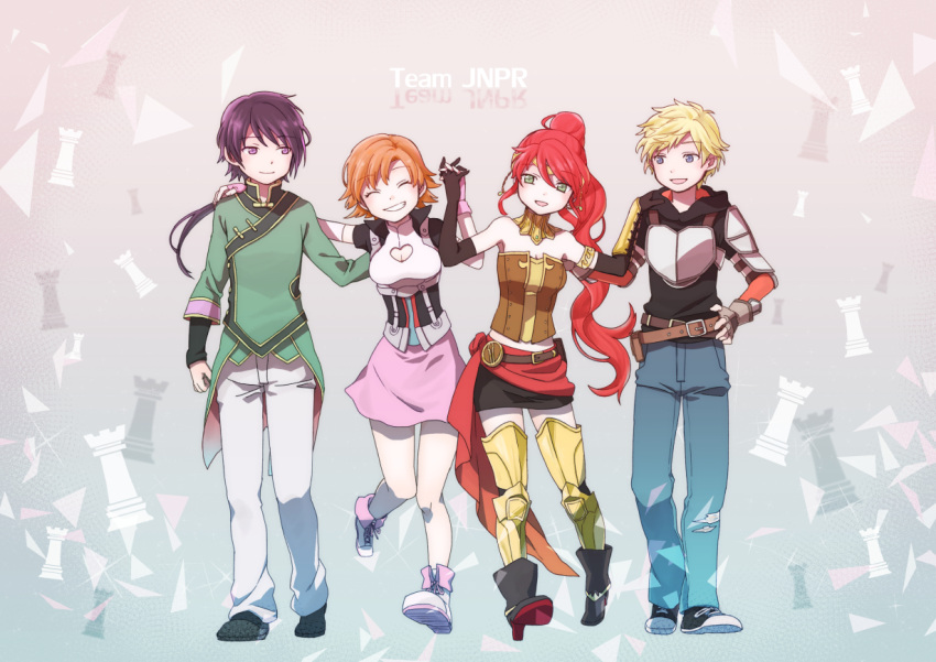 2boys, 2girls, black_hair, blonde_hair, chess_piece, elbow_gloves, gloves, green_eyes, jaune_arc, kazuichi, lie_ren, long_hair, multiple_boys, multiple_girls, nora_valkyrie, orange_hair, pink_eyes, ponytail, pyrrha_nikos, redhead, rwby, short_hair, smile
