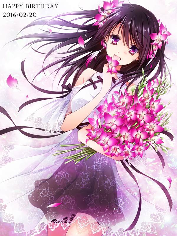 1girl, black_hair, bouquet, breasts, d.gray-man, drugstore04, flower, hair_flower