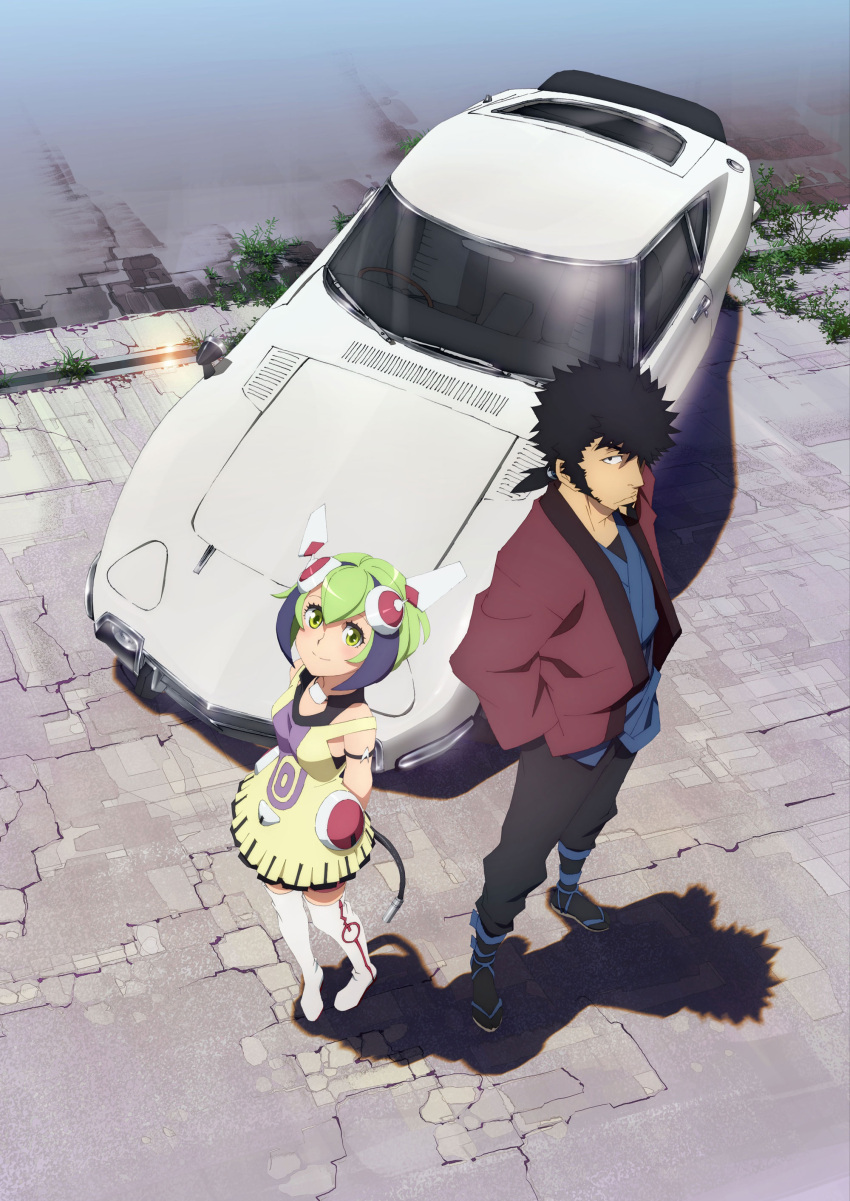 1boy, 1girl, absurdres, android, arms_behind_back, beard, black_hair, blush