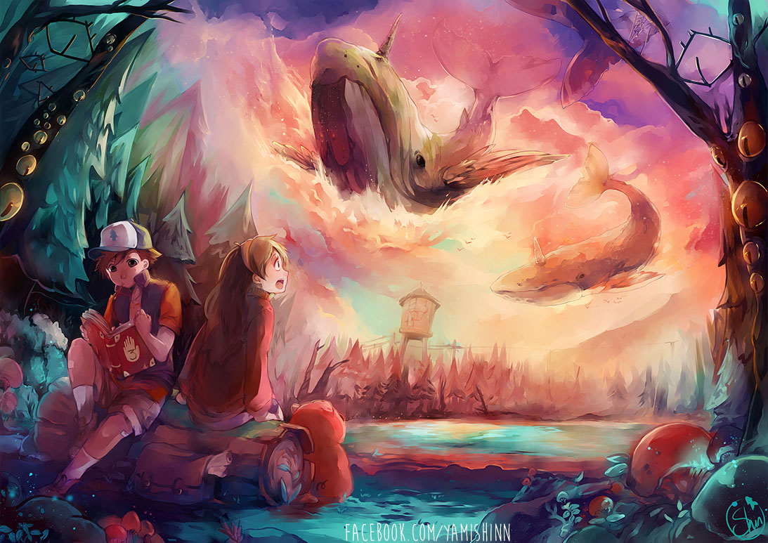 1boy, 1girl, baseball_cap, book, brother_and_sister, brown_hair, dipper_pines, gravity_falls