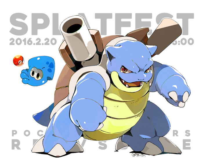announcement_celebration, blastoise, copyright_name, inkling, no_humans, pokemon, pokemon_(creature), splatoon