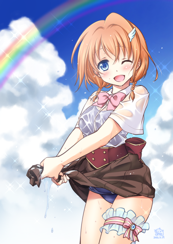 1girl, blue_eyes, clouds, hair_ornament, hairclip, kamome_narumi, mori_marimo, one_eye_closed, orange_hair, rainbow, school_swimsuit, see-through, shironeko_project, short_hair, swimsuit, swimsuit_under_clothes, wet, wet_clothes