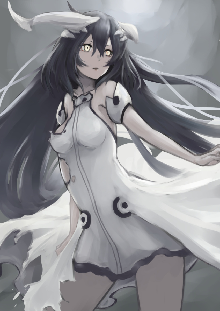 1girl, alternate_eye_color, anchorage_water_oni, bare_shoulders, black_hair, breasts, dress, hair_ornament, highres, horns, kantai_collection, long_hair, looking_to_the_side, multicolored_hair, open_mouth, overskirt, pale_skin, senaya_eru, shinkaisei-kan, sleeveless, sleeveless_dress, solo, torn_clothes, torn_dress, very_long_hair, white_dress, white_hair, white_skin, yellow_eyes