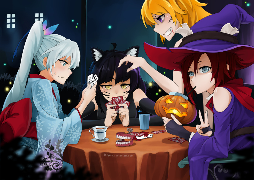 4girls, absurdres, animal_ears, black_hair, blake_belladonna, blonde_hair, cat_ears, cup