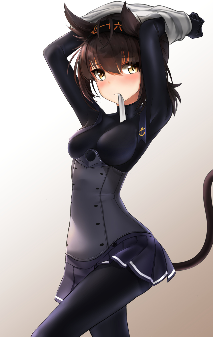 1girl, absurdres, anchor, antenna_hair, black_skirt, bodysuit, breasts, brown_hair