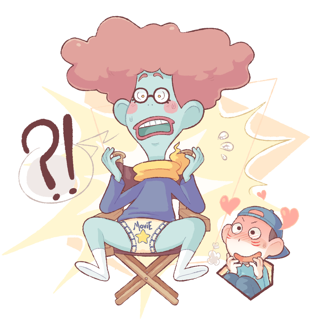 !?, 2boys, ad_youkai, aqua_skin, backwards_hat, baseball_cap, blush, director's_chair