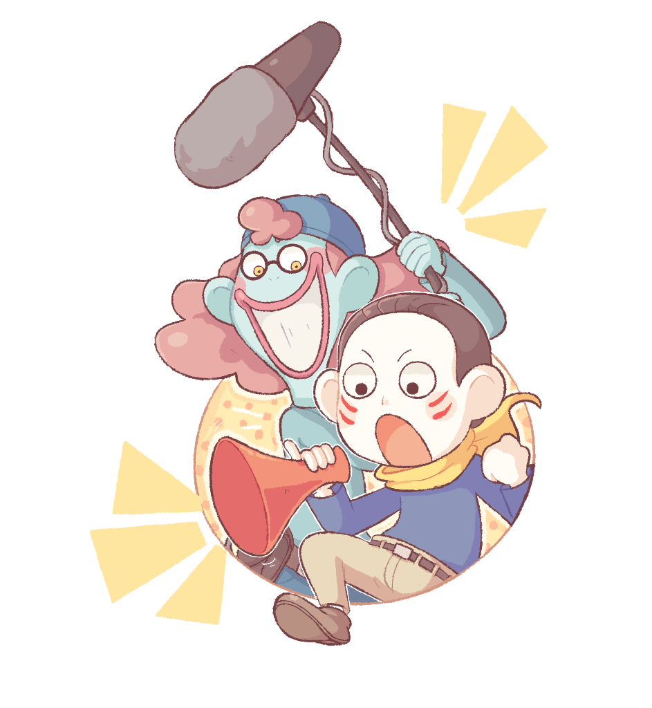 2boys, ad_youkai, backwards_hat, baseball_cap, boom_microphone, cosplay, costume_switch, grin