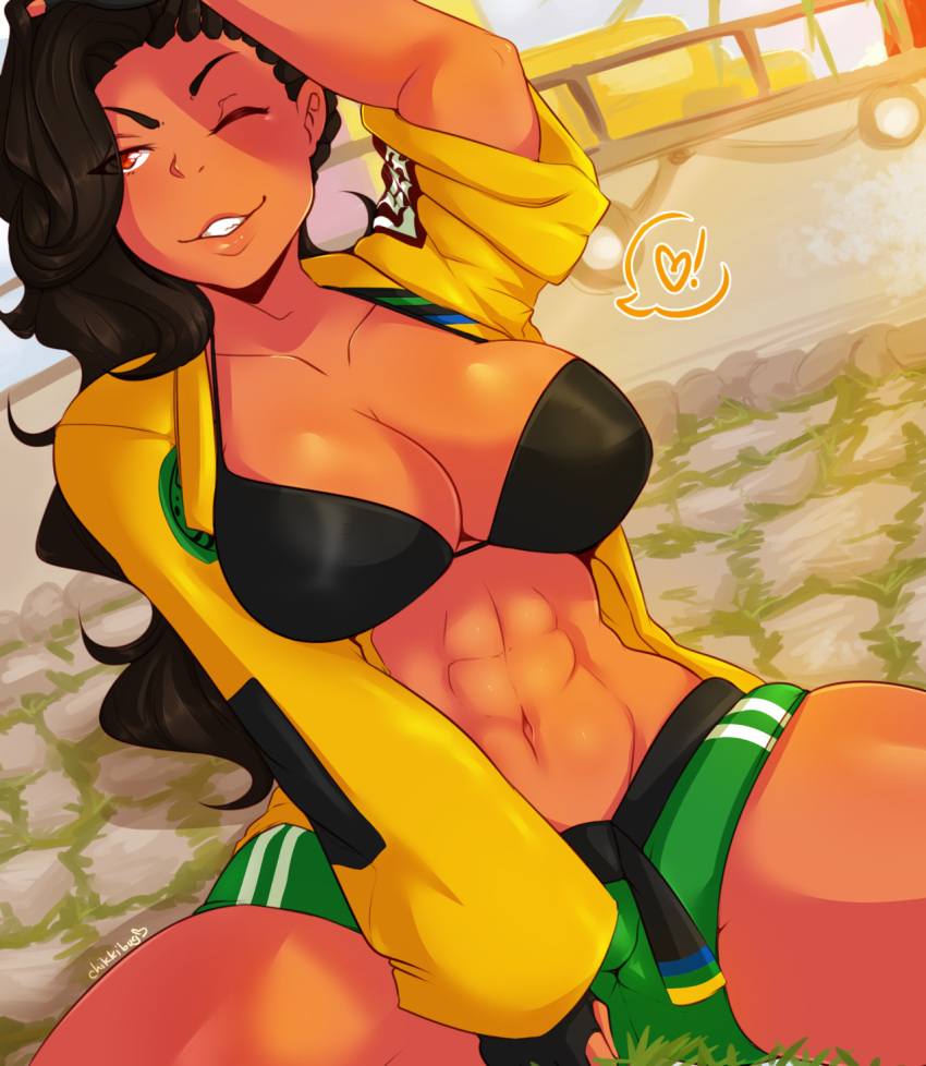 1girl, abs, bikini, bikini_top, black_bikini, black_hair, breasts, cleavage, heart, highres, kimmi, large_breasts, laura_matsuda, long_hair, navel, one_eye_closed, red_eyes, short_shorts, shorts, signature, solo, spoken_heart, street_fighter, street_fighter_v, swimsuit, thighs