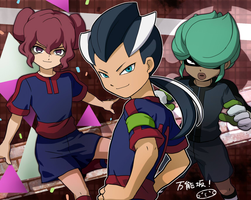 3boys, aqua_eyes, dark_skin, double_bun, gloves, hands_on_hips, inazuma_eleven_(series), inazuma_eleven_go