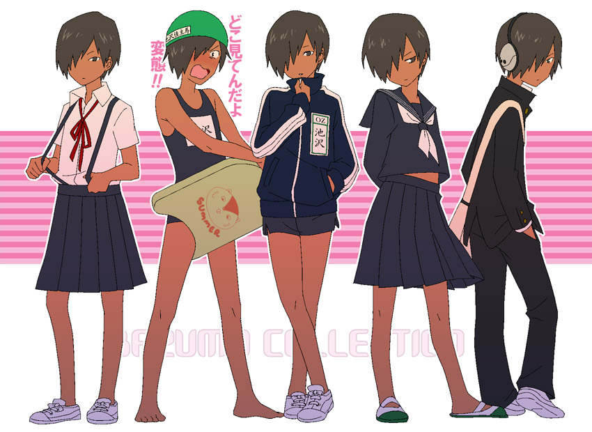 black_hair, crossdressinging, dark_skin, hair_over_one_eye, ikezawa_kazuma, male_focus, otemoto, summer_wars