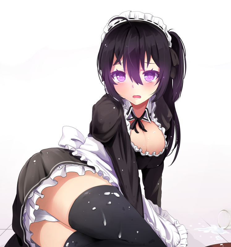:o, ahoge, alternate_costume, apron, ass, beifeng_han, black_dress, black_hair