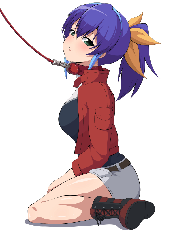 1girl, blue_hair, blush, bow, breasts, collar, green_eyes, hair_bow