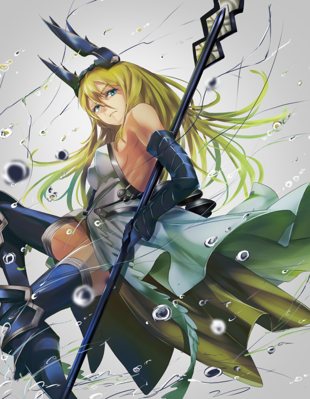1girl, armor, bare_shoulders, blonde_hair, blue_eyes, blue_gloves, blue_legwear, boots, breasts, dress, frown, gloves, greaves, horns, long_hair, looking_at_viewer, miru_(artist), polearm, puzzle_&amp;_dragons, ribs, ryuune, sideboob, solo, spear, thigh-highs, thigh_boots, water, weapon
