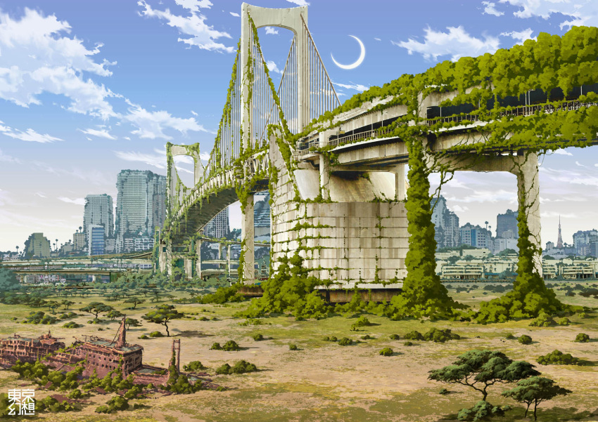 cityscape, cloud, clouds, highres, moon, no_humans, original, overgrown