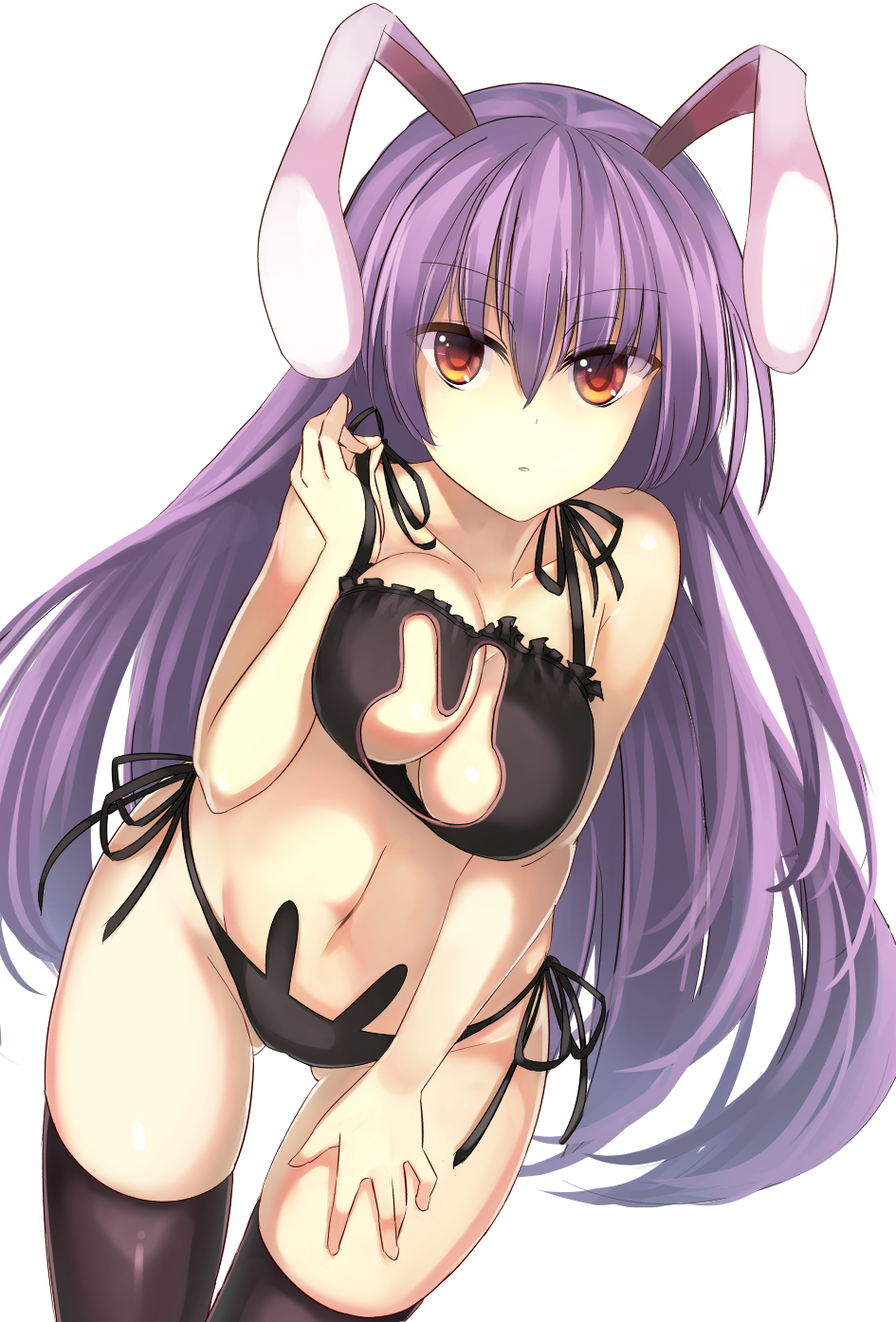 1girl, adapted_costume, animal_cutout, animal_ears, bent_over, black_bra, black_legwear, black_panties