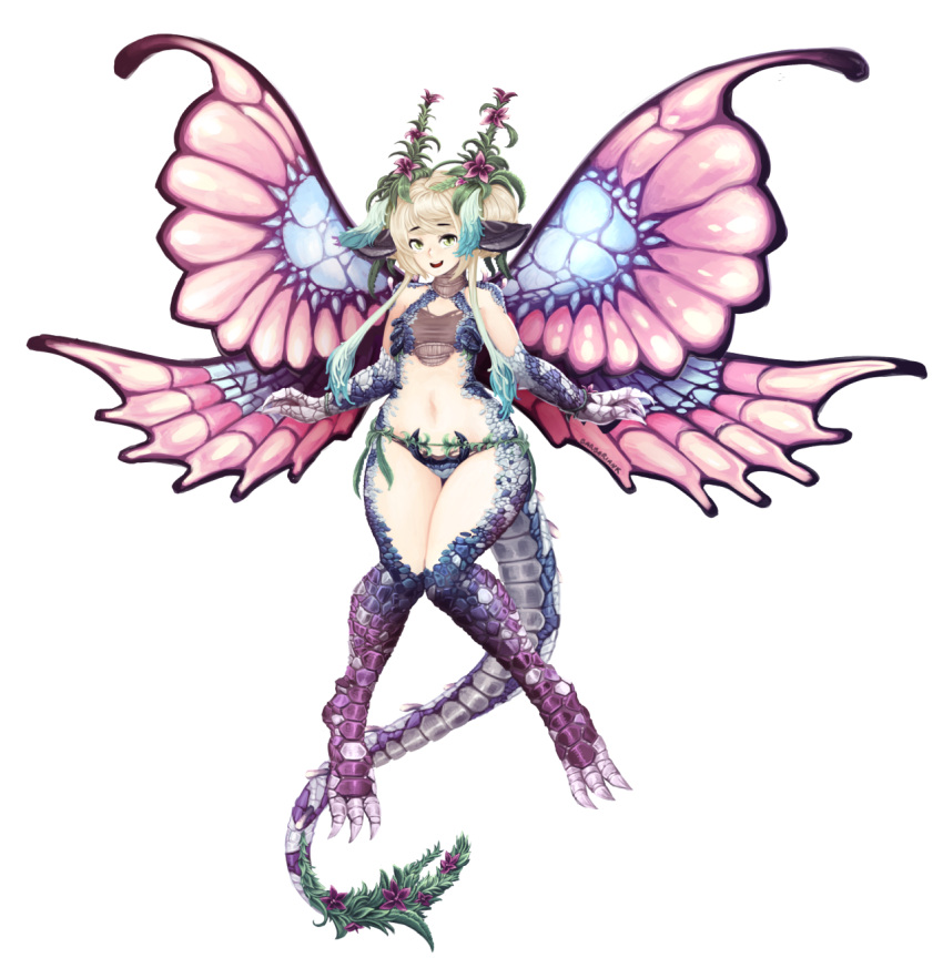 1girl, :d, animal_ears, artist_name, barbariank, blonde_hair, dragon_girl, dragon_tail, fairy, fairy_dragon, fairy_wings, flat_chest, flower, flower_on_head, green_eyes, highres, looking_at_viewer, midriff, monster_girl, navel, open_mouth, original, paws, scales, signature, slit_pupils, smile, solo, tail, talons, transparent_background, wings