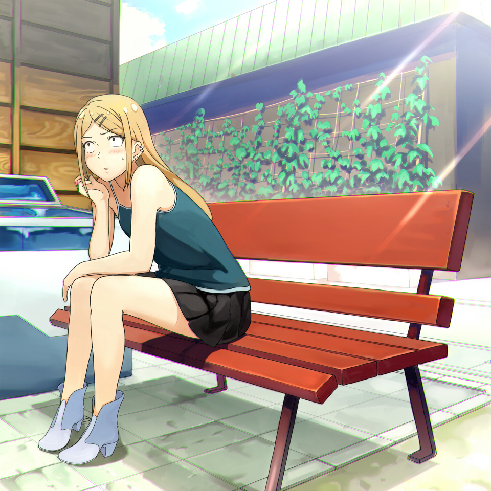 1girl, bench, blonde_hair, blush, dagashi_kashi, earrings, endou_saya_(dagashi_kashi), fang