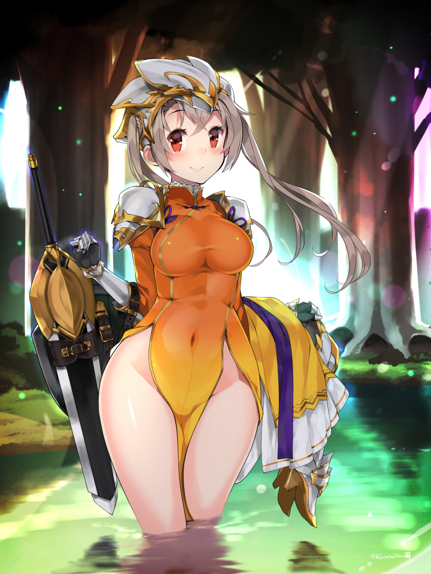 1girl, armor, artist_name, backlighting, blush, breasts, carrying_clothes, china_dress, chinese_clothes, covered_navel, dress, floating_hair, flower_knight_girl, gauntlets, greaves, groin, hair_between_eyes, helmet, highres, hips, holding_clothes, kinrenka_(flower_knight_girl), kuro_chairo_no_neko, large_breasts, lens_flare, light_rays, looking_at_viewer, outdoors, pelvic_curtain, plant, red_eyes, reflection, shield, shoes_removed, shoulder_pads, silver_hair, skin_tight, skirt, skirt_removed, smile, solo, sunlight, swamp, sword, thighs, tree, twintails, wading, walking, water, weapon, wide_hips, wind