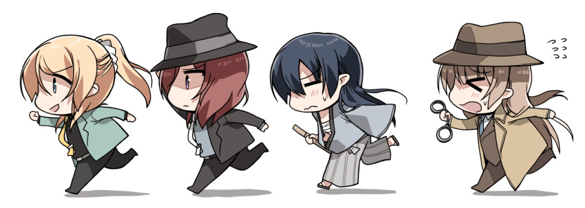>_<, 4girls, =_=, arsene_lupin_iii_(cosplay), ayase_eli, blonde_hair, blue_eyes, blue_hair