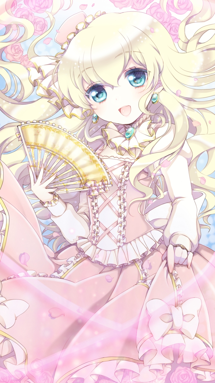 1girl, :d, blonde_hair, blue_eyes, bow, brooch, coco_(otoca_d'or), cowboy_shot