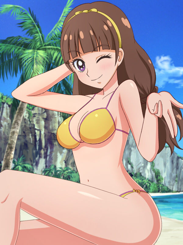 1girl, ;), aaabbbccccc, amanogawa_kirara, bangs, beach, bikini, blunt_bangs, breasts, brown_hair, cleavage, cure_twinkle, go!_princess_precure, hairband, hand_behind_head, looking_at_viewer, one_eye_closed, palm_tree, precure, sky, smile, solo, swimsuit, tree, violet_eyes, yellow_bikini