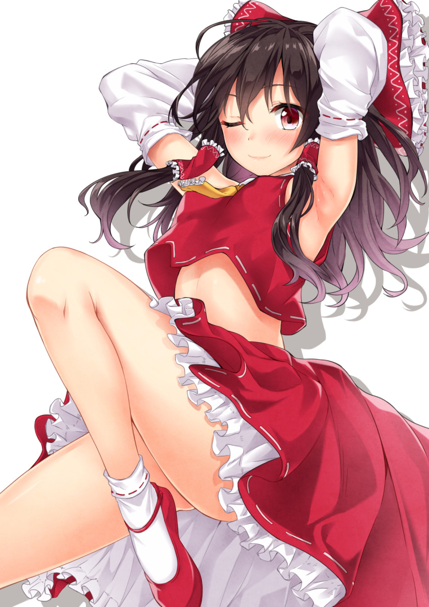 1girl, armpits, ascot, black_hair, bow, detached_sleeves, hair_bow, hair_tubes