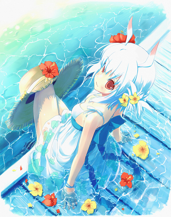 blush, dj_max_portable, dress, flower, gyuunyuuou, hair_flower, hair_ornament, hat, hibiscus, red_eyes, smile, straw_hat, suee, water, white_hair