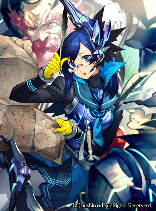1girl, 2boys, :o, adjusting_hair, beard, blue_eyes, blue_hair, bushiroad