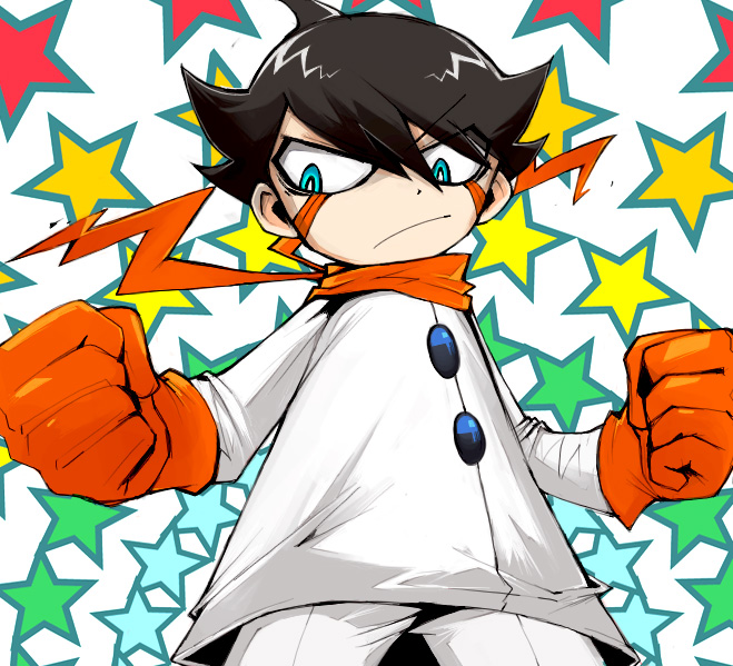 1boy, black_hair, blue_eyes, chiro_(srmthg), facial_mark, gloves, jacket, male_focus