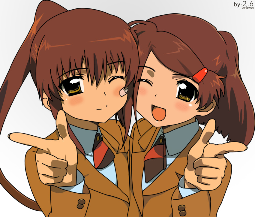 2girls, artist_name, artist_request, blush, brown_hair, highres, kiss_x_sis, looking_at_viewer