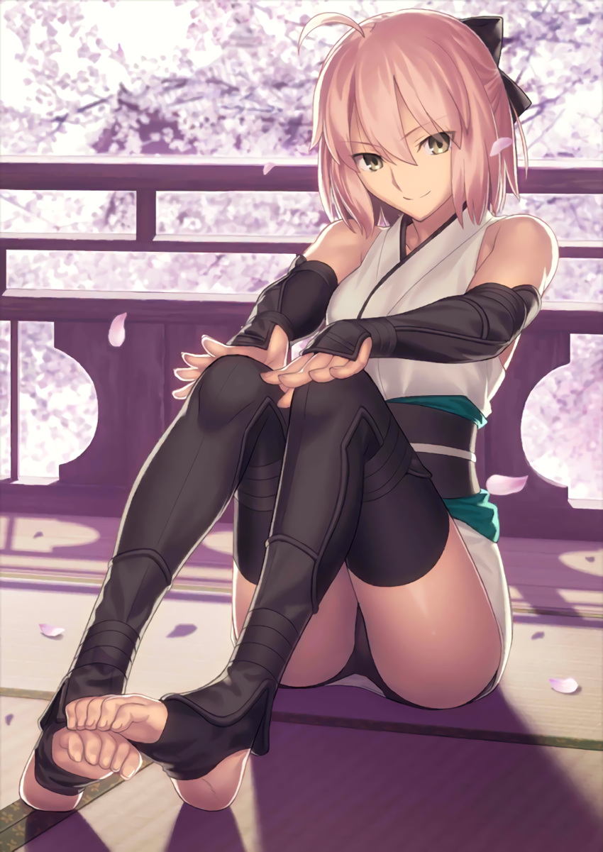 1girl, ahoge, barefoot, black_gloves, black_legwear, black_panties, bow, cherry_blossoms
