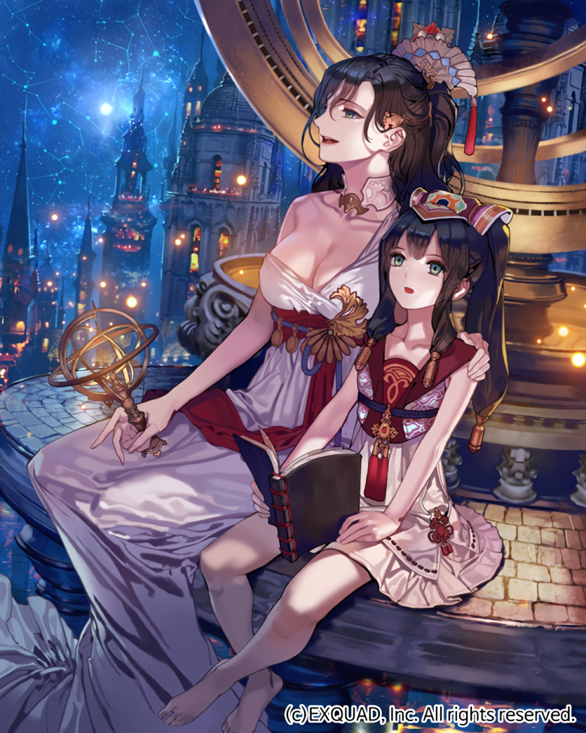 2girls, :d, barefoot, book, breasts, brown_hair, building, cleavage