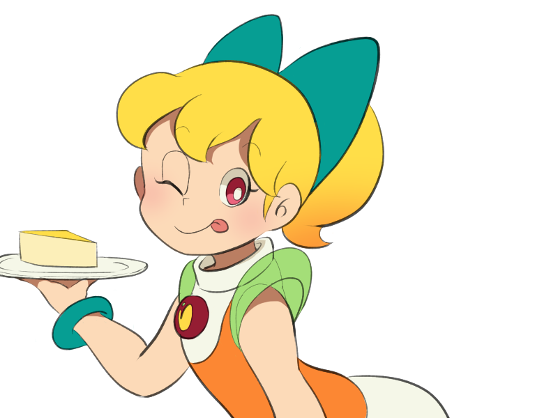 1girl, ;q, blonde_hair, bow, bracelet, doraemon, hair_bow, jewelry