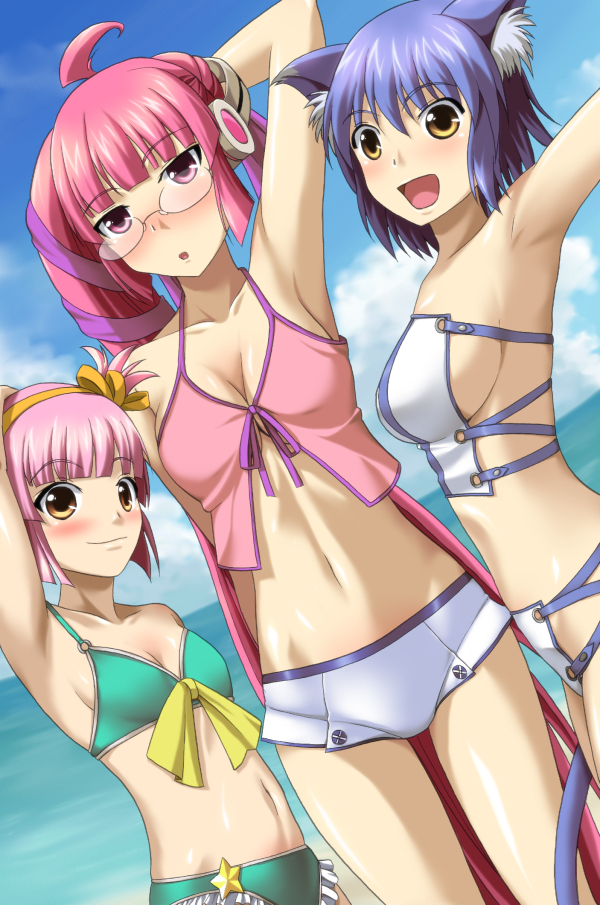 armpits, bikini, blue_hair, blush, breasts, brown_eyes, cleavage, front-tie_top