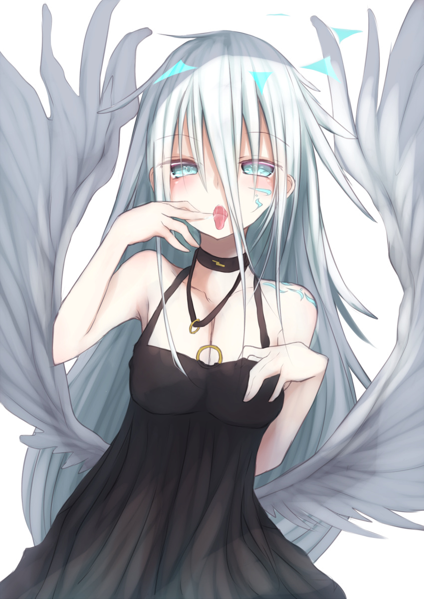 1girl, bare_shoulders, black_dress, blue_eyes, blush, choker, dress, finger_to_mouth