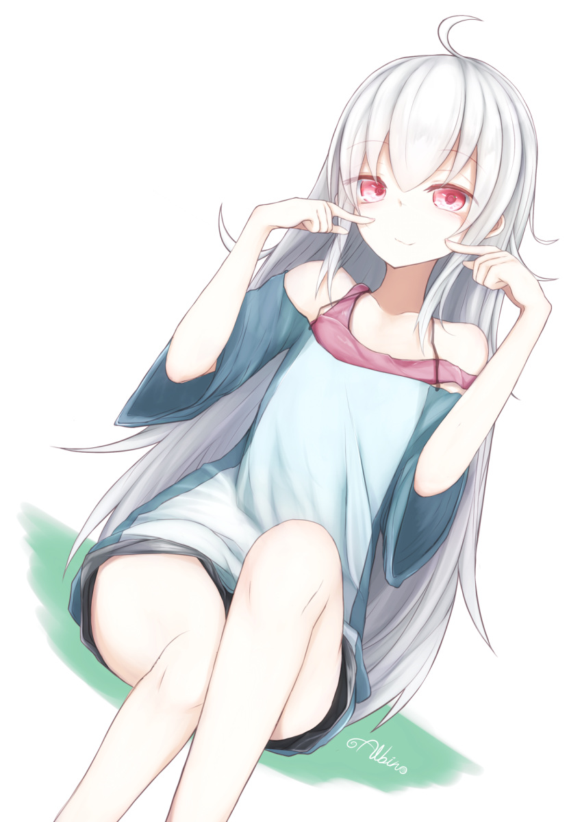 1girl, ahoge, albino, bare_shoulders, fingersmile, hanetsuki_touka, highres, long_hair