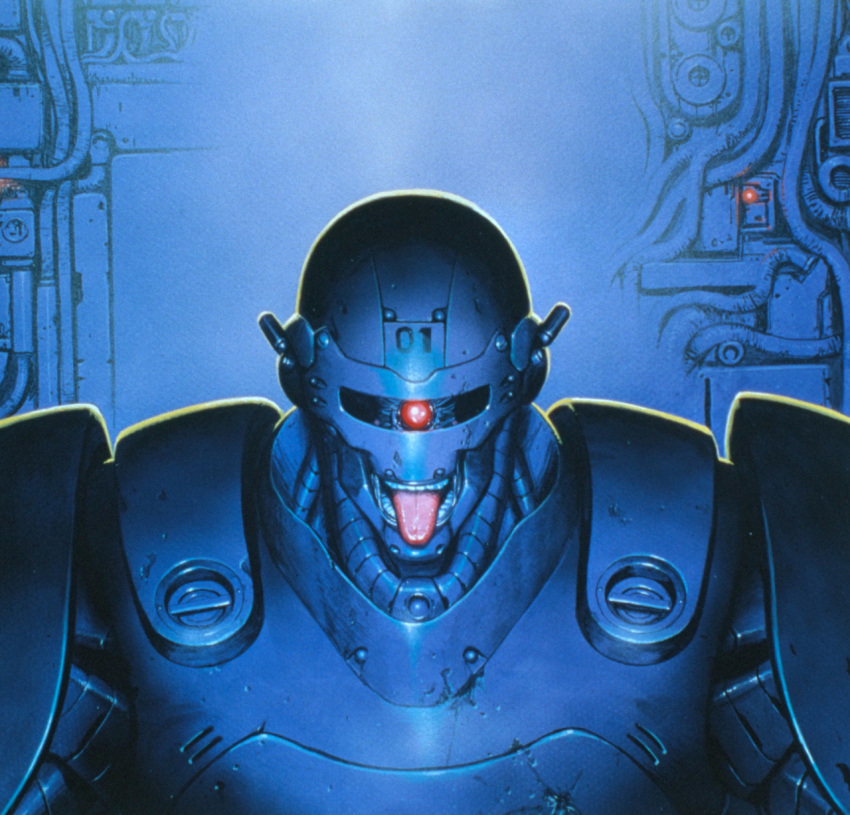 1boy, a.d._police_files, cyborg, highres, mecha, oldschool, solo, tongue