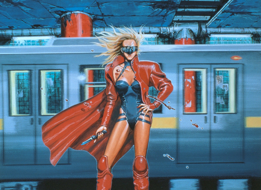 1girl, a.d._police_files, blonde_hair, blood, boots, bustier, knife, oldschool