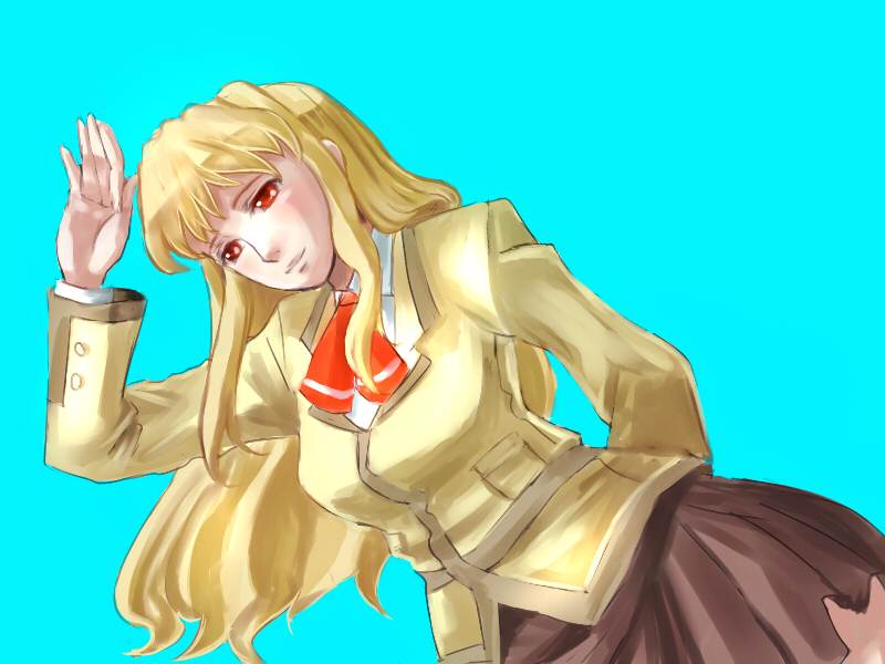 1girl, aqua_background, arm_behind_back, arm_up, blazer, blonde_hair, brown_skirt, dutch_angle