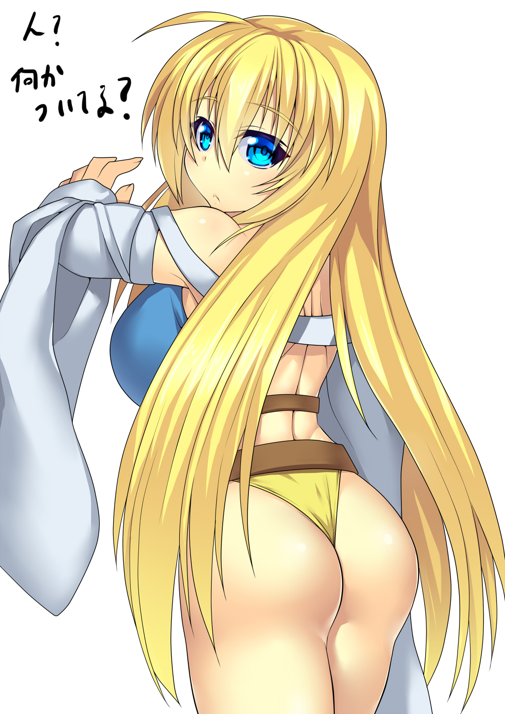1girl, :<, ahoge, ass, back, bare_shoulders, blonde_hair, blue_eyes