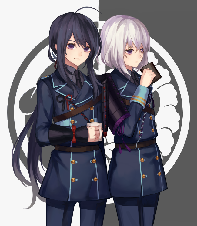 2boys, ahoge, armor, black_hair, cup, honebami_toushirou, japanese_armor, male_focus