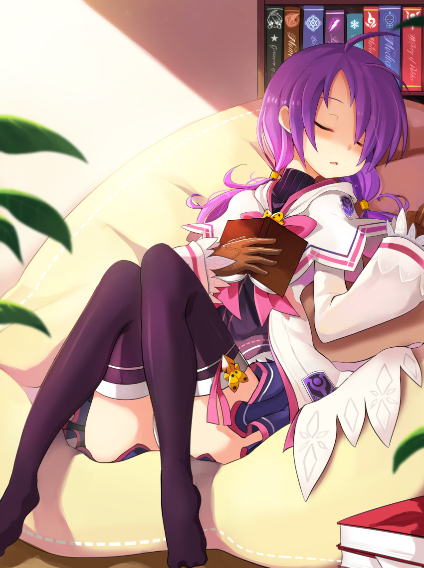 1girl, aisha_(elsword), black_legwear, book, bookshelf, closed_eyes, coat, elemental_master_(elsword)