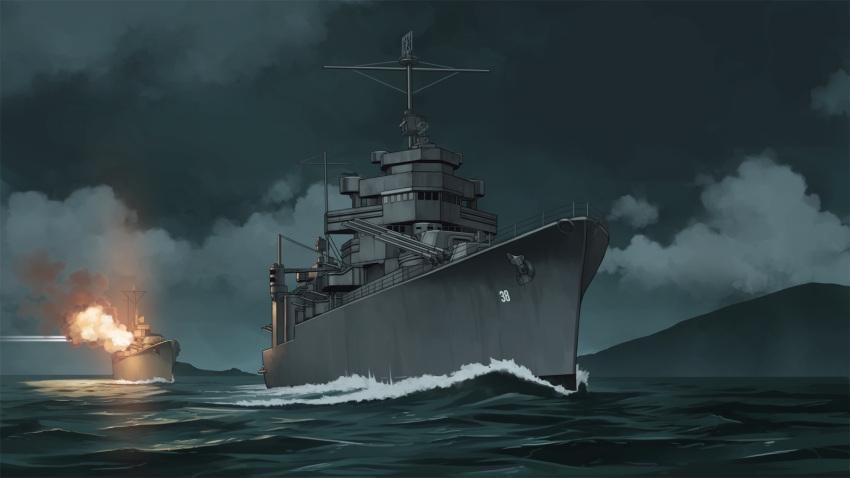 battle, clouds, highres, mikado_(winters), night, night_sky, no_humans, ocean
